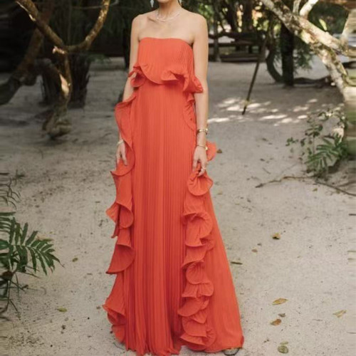 New Summer Strapless Ruffle Party Dress Lady Elegant Off Shoulder Pleated Long Dress Fashion High Waist Swing Evening Dress