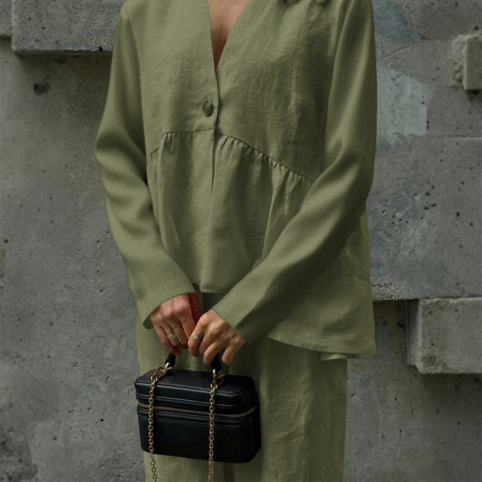 New Autumn V Neck Long Sleeved Top and Pants 2 Piece Set Simple Solid Color Home Wear Suit Casual Street Wear Vacation Outfits