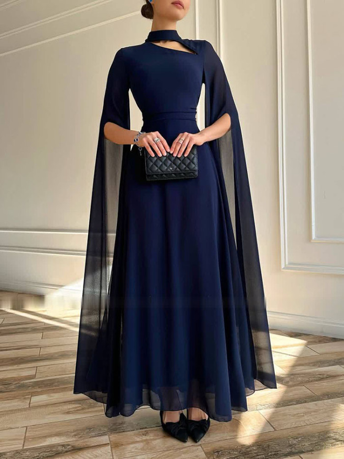 Ladies O-neck Autumn Chiffon Dress Sexy Hollow Out Long Sleeves Solid Color Party Dress Elegant High Waist Pleated Prom Dresses