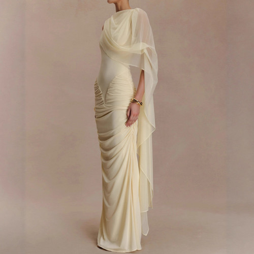 Mesh Shawl High Waist Women Long Dress Elegant O-neck Sleeveless Hollow Out Party Dress Casual Solid Color Draped A-line Dresses