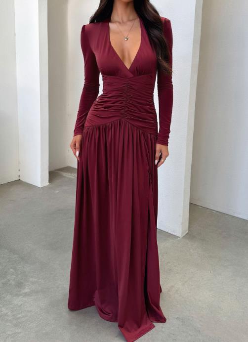 Autumn and Winter Elegant Deep V-Long Sleeved Dress, Women's Dress