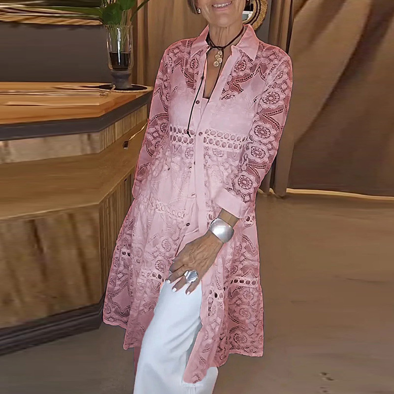 Lady Elegant Lapel Long Sleeved Loose Blouses Fashion Lace Embroidery Single Breasted Shirt Sexy Spring Summer Hollow Beach Top