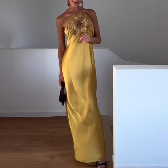 Sexy Hanging Neck Hollow Satin Long Dress Floral Patchwork Backless Women's Dress Elegant Temperament High Waist A-line Dresses