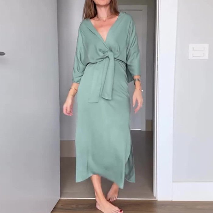 Simple Solid Color Bandage Summer Dresses Casual Loose Side Split Long Dress Ladies Elegant V Neck Half Sleeved Commuter Dress