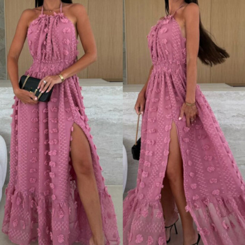 Ladies Casual Halter Hollow Out Party Dress Jacquard Solid Color Split Beach Long Dress Elegant High Waist Swing Summer Dresses