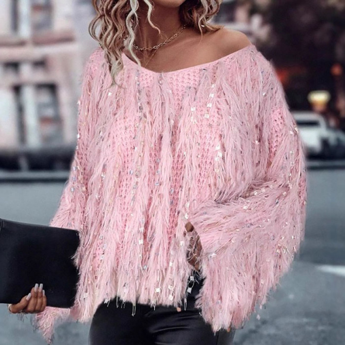 Pink Sequin Tassel V-neck Sweater Casual New Women's Long Sleeved Knitted Top Fall Ladies Elegant Long Sleeved Commuting Sweater