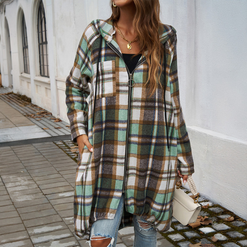 Women's Casual Loose Plaid Contrasting Zipper Hooded Jacket Wholesale Wool Blends Coats Tweed