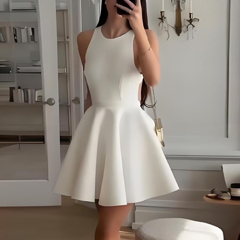 Elegant Solid O Neck Sleeveless Women Dress New Temperament High Waist Pleated Dress Sexy Hollow Out Backless Club Party Dresses