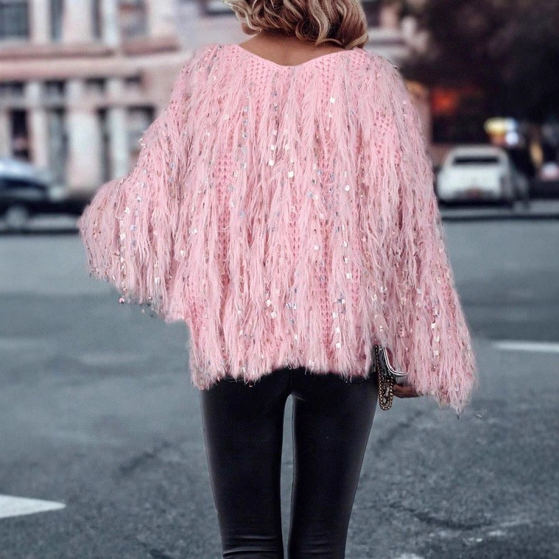 Pink Sequin Tassel V-neck Sweater Casual New Women's Long Sleeved Knitted Top Fall Ladies Elegant Long Sleeved Commuting Sweater