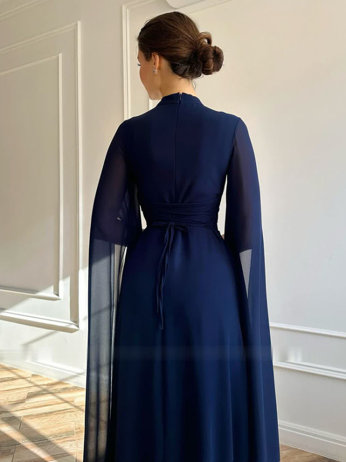 Ladies O-neck Autumn Chiffon Dress Sexy Hollow Out Long Sleeves Solid Color Party Dress Elegant High Waist Pleated Prom Dresses