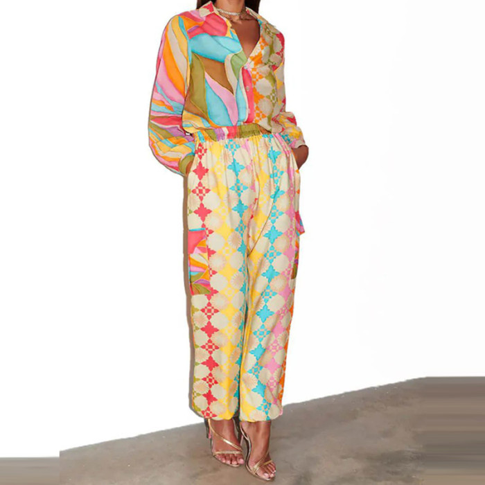 Geometric Pattern Printed Summer Two Piece Set Casual High Street Pocket Pants Suit Women's Fashion Single Breasted Shirt Outfit