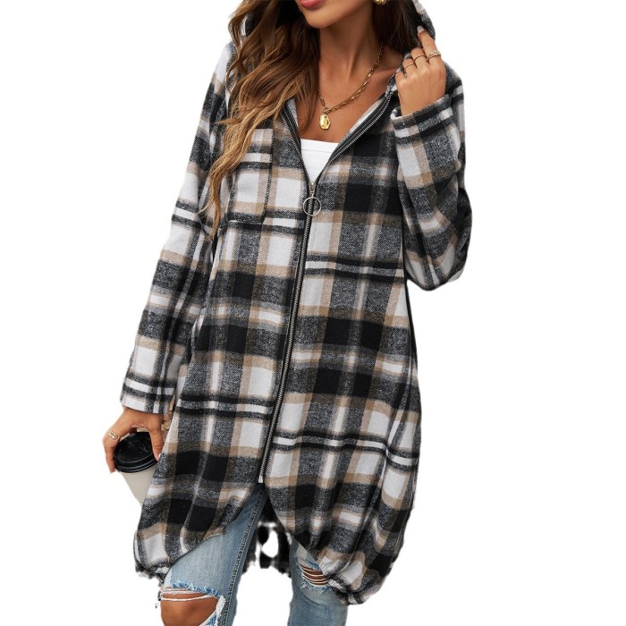 Women's Casual Loose Plaid Contrasting Zipper Hooded Jacket Wholesale Wool Blends Coats Tweed