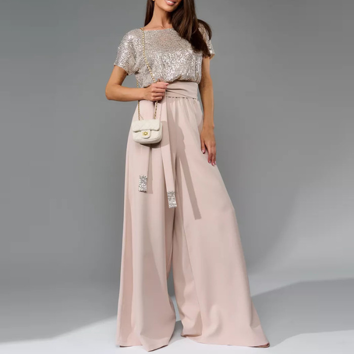 Lady Fashion Sequin Patchwork Commuting Jumpsuit New Casual O Neck Lace Up High Waist Romper Elegant Short Sleeved Playsuit