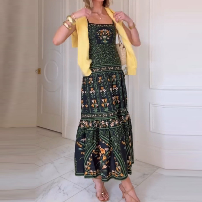 Summer Sexy Printed Strap Bohemian Dress Women Fashion Off Shoulder High Waist Long Dress Holiday Sleeveless Pleated Beach Dress