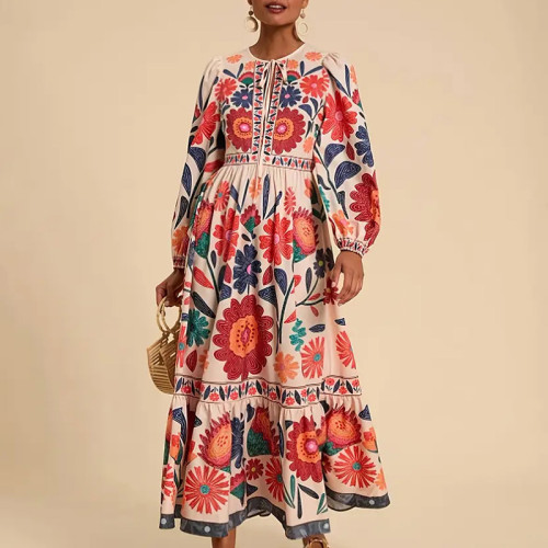 New Autumn Floral Print Pleated Maxi Dresses Fashion Lady O-neck Lace Up Long Sleeved Dress Vintage Loose High Waist Beach Dress