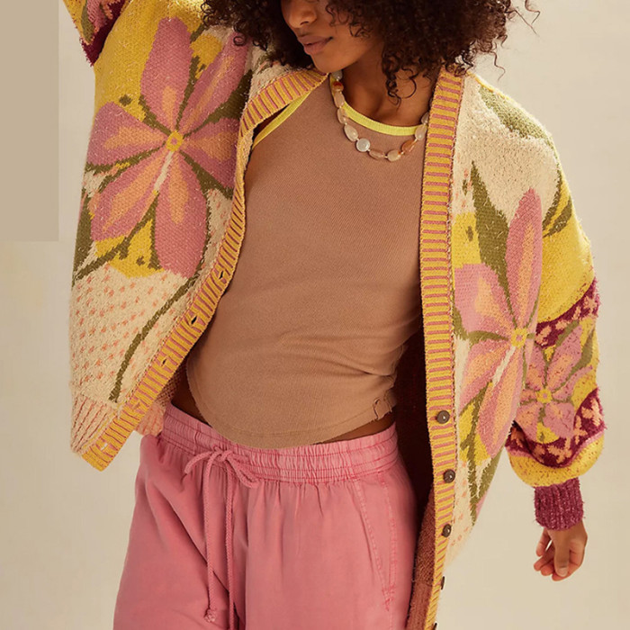 New Warm Autumn Knitted Cardigan Women's Vintage V Neck Long Sleeve Commuter Sweaters Casual Loose Flower Printed Sweater Coat