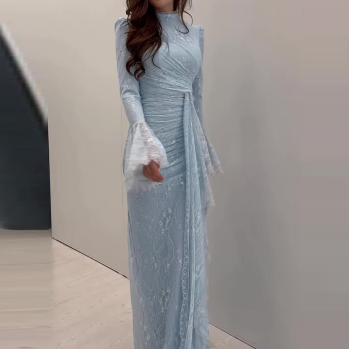 Lace Embroidery Slim Fit Women Banquet Dress Flared Sleeves High Waist Autumn Long Dress Elegant Patchwork Pleated A-line Dress
