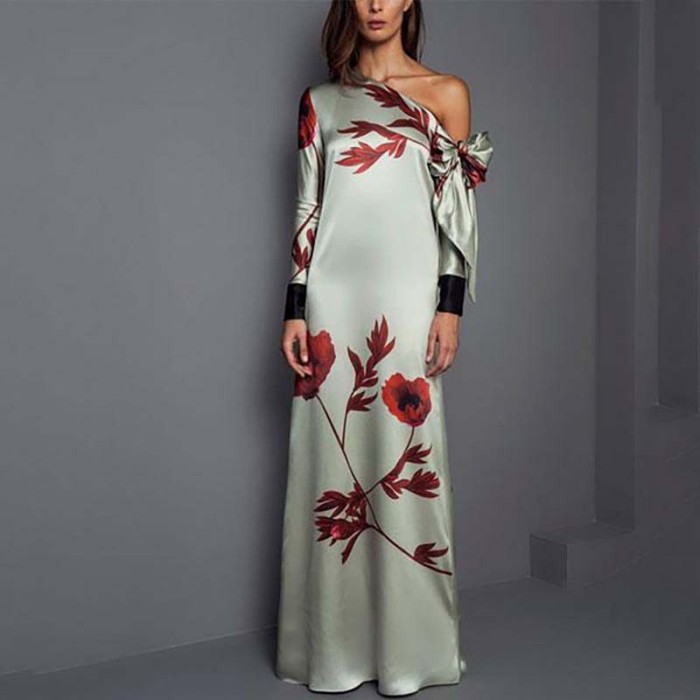 Vintage Bow Tie Up Long Sleeved Party Dress Lady Casual Floral Print Robe Dress Elegant Slanted Neck High Waist Straight Dresses