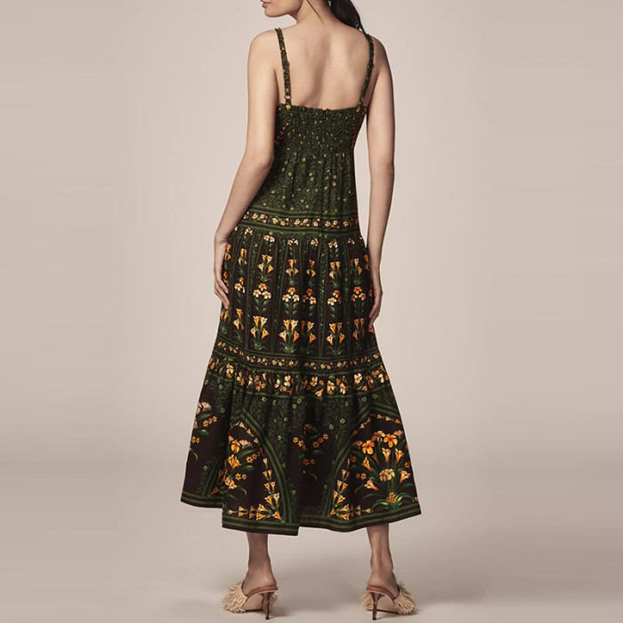 Summer Sexy Printed Strap Bohemian Dress Women Fashion Off Shoulder High Waist Long Dress Holiday Sleeveless Pleated Beach Dress