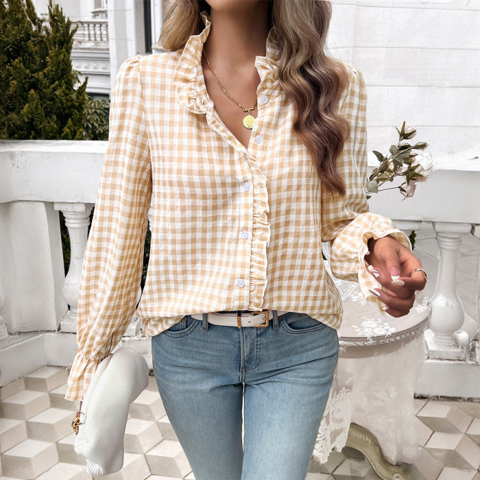 Women's Fashion Casual Plaid Contrast Color Button-Down Shirt
