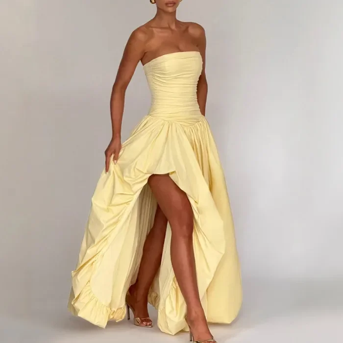 Ladies Elegant Strapless Pleated Flower Bud Dress Fashion Sleeveless Solid Evening Dress 2025 New Summer Asymmetrical Long Dress