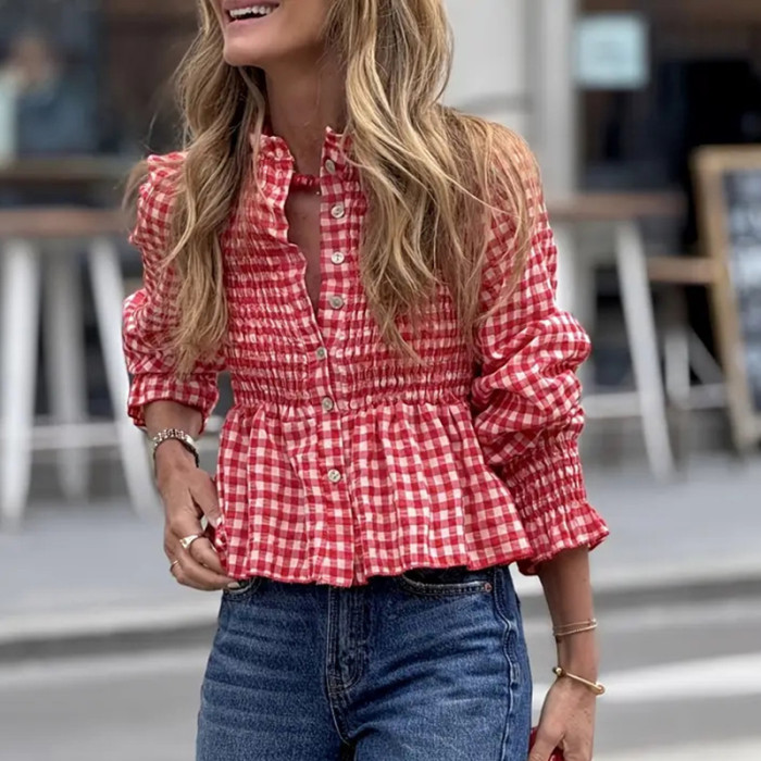 Autumn New Plaid Printed Women T-shirt Casual Single Breasted Pleated Commuting Top Fashion Long Sleeved Slim Fit Shirt Blouses