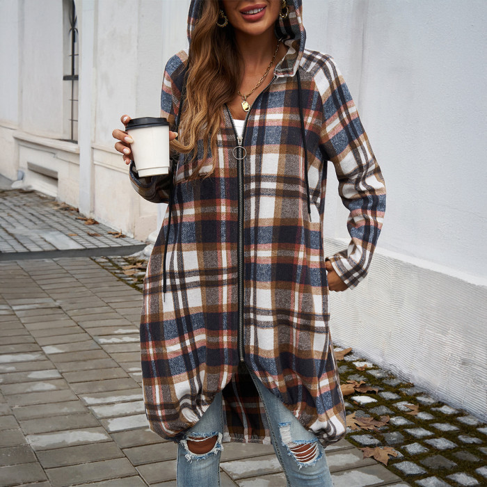 Women's Casual Loose Plaid Contrasting Zipper Hooded Jacket Wholesale Wool Blends Coats Tweed