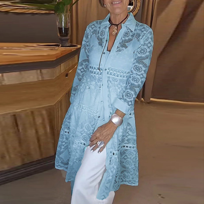 Lady Elegant Lapel Long Sleeved Loose Blouses Fashion Lace Embroidery Single Breasted Shirt Sexy Spring Summer Hollow Beach Top
