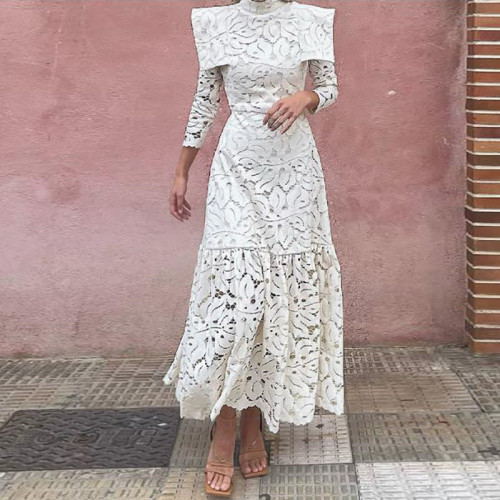 New Early Autumn Long Sleeved Lace Party Dress Sexy Hollow Out Pleated Women's Maxi Dress French Casual Street Solid Color Dress
