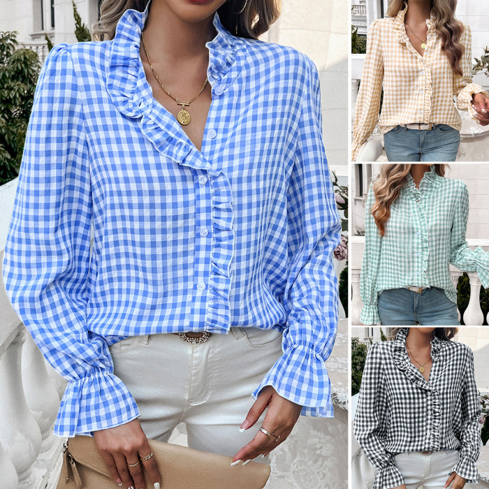 Women's Fashion Casual Plaid Contrast Color Button-Down Shirt