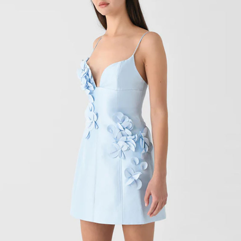 Sexy Low Cut V Neck High Waist Party Dress Fashion Backless Slim Fit A-line Dresses Blue Flower Patchwork Camisole Women Dress