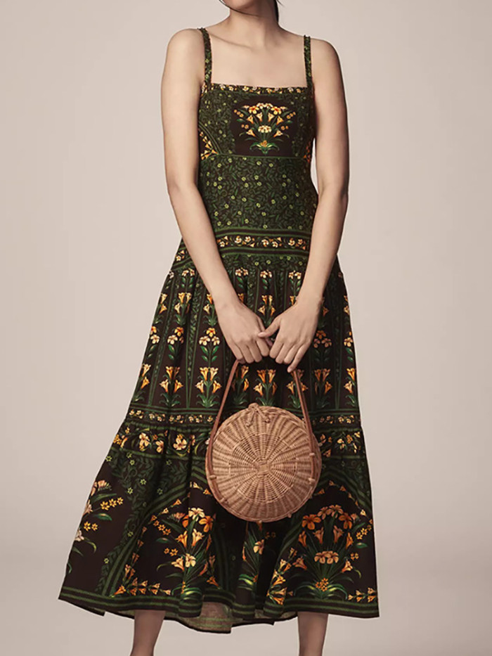 Summer Sexy Printed Strap Bohemian Dress Women Fashion Off Shoulder High Waist Long Dress Holiday Sleeveless Pleated Beach Dress