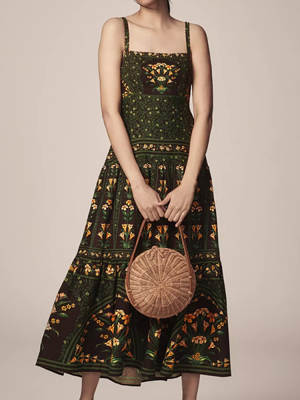 Summer Sexy Printed Strap Bohemian Dress Women Fashion Off Shoulder High Waist Long Dress Holiday Sleeveless Pleated Beach Dress