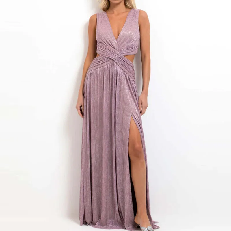 Elegant Sleeveless Vest Party Dresses Bronzing Solid V Neck Sleeveless Evening Dress Fashion High Waist Split Summer Long Dress