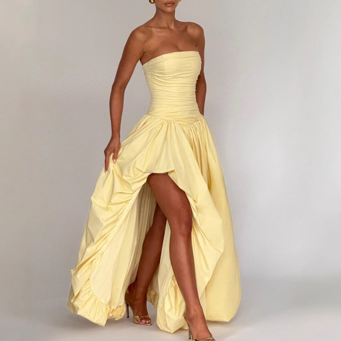 Ladies Elegant Strapless Pleated Flower Bud Dress Fashion Sleeveless Solid Evening Dress 2025 New Summer Asymmetrical Long Dress