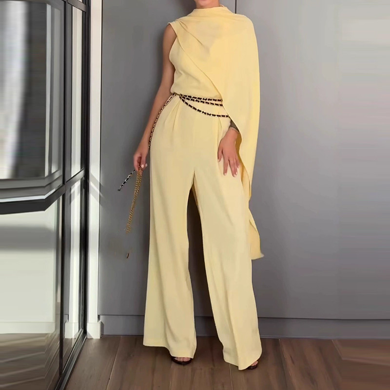 New Women Neck Hanging Cloak Straight Playsuit Autumn Simple Solid Color High Waist Jumpsuit Casual Sleeveless Long Pants Romper