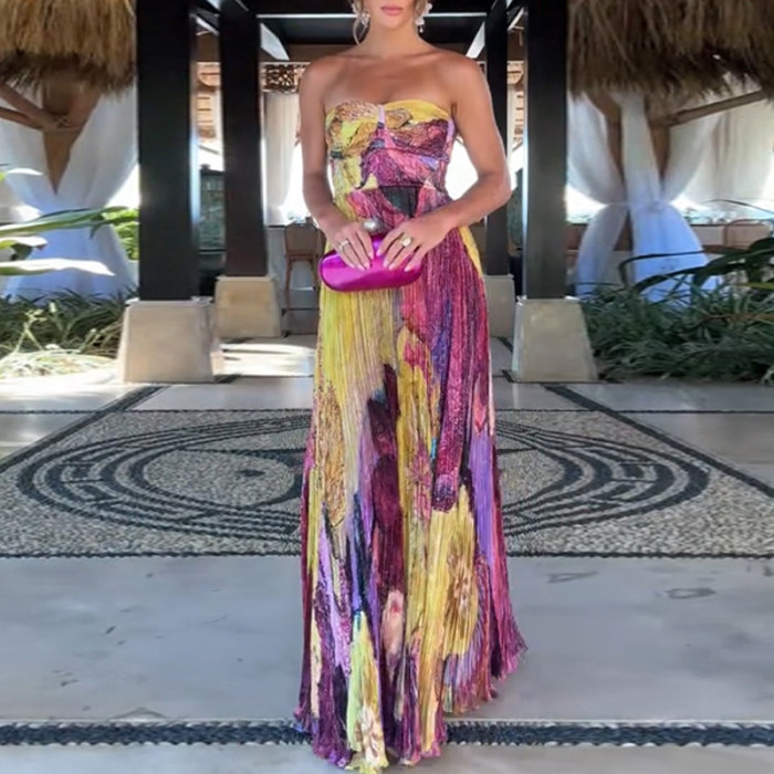 Summer Hollow Pattern Printed Long Dresses Casual Sleeveless Swing Beach Dress Sexy Off Shoulder High Waist Pleated Party Dress