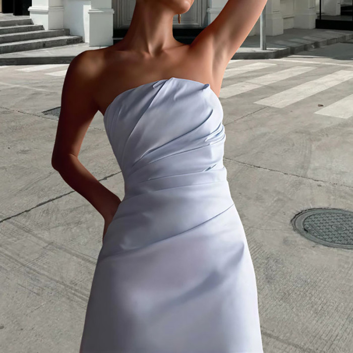 Sexy Strapless High Waisted A-line Dress Elegant Solid Color Pleated Slim Mini Dress Casual Hollow Backless Party Dresses