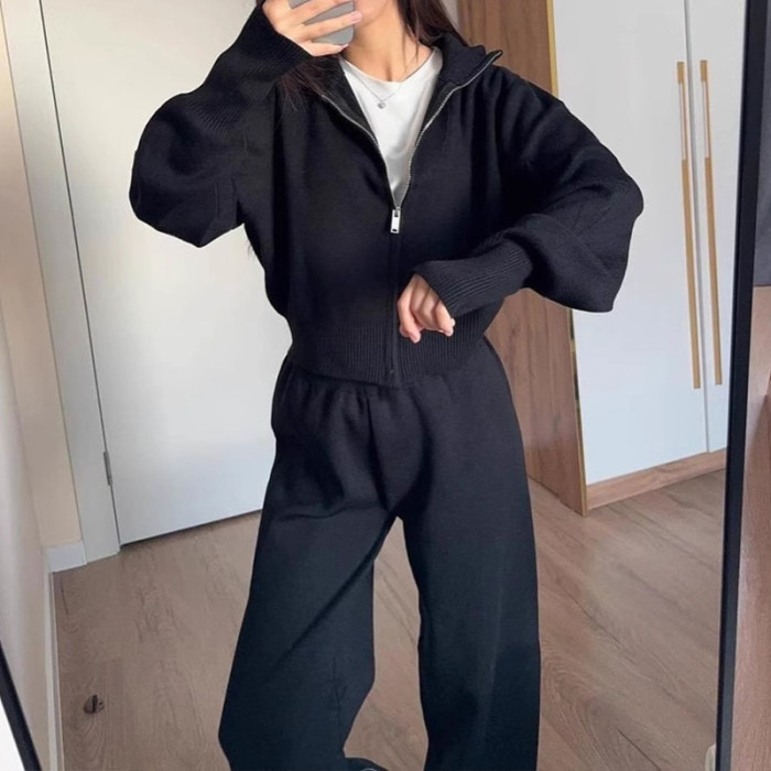 Casual Zipper Jacket Commuter Suit Simple Solid Color Streetwear Long Pants Outfits Autumn Winter Knitted Women's Two Piece Sets