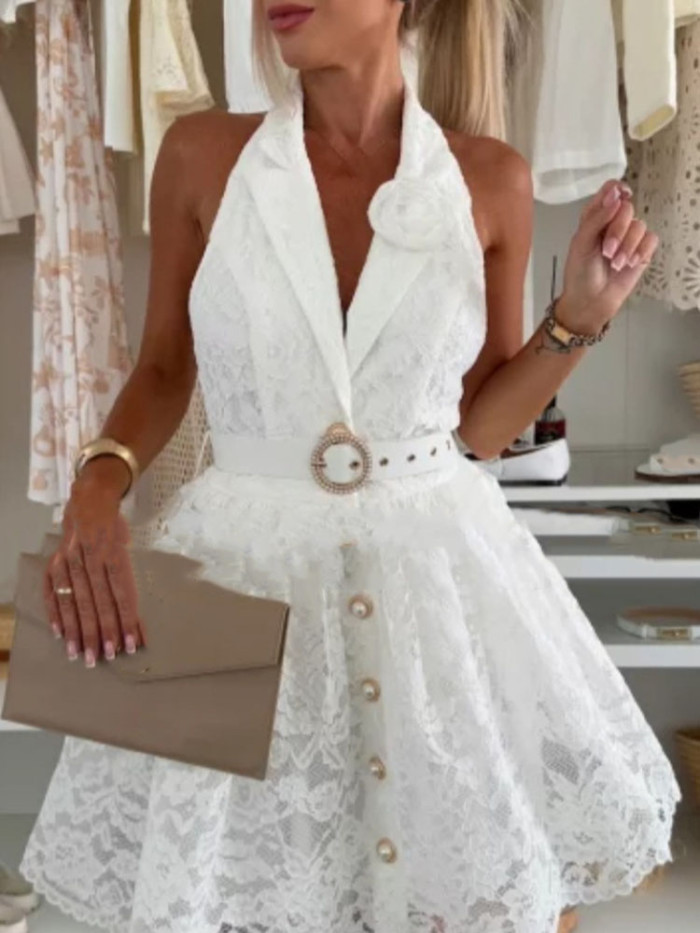 Flower Patchwork White Party Dress New Women's Sexy Halter V Neck Slim Fit Lace Dress Fall Casual Belt Pleated Prom Short Dress