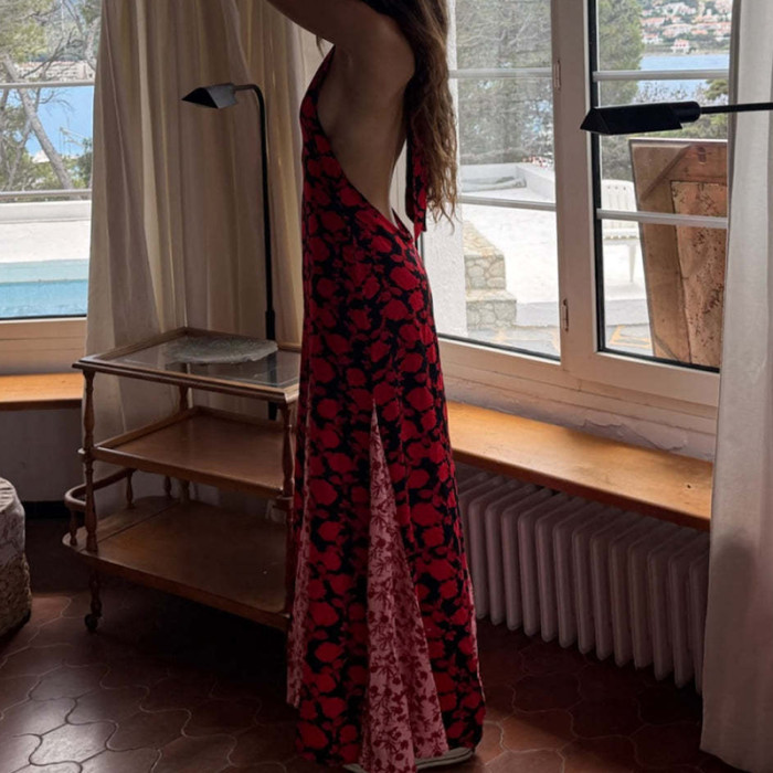 Hanging Neck Low Cut Printed Summer Dress Floral Print Sleeveless Hollow Out Women Long Dress New Retro Backless Bohemian Dress