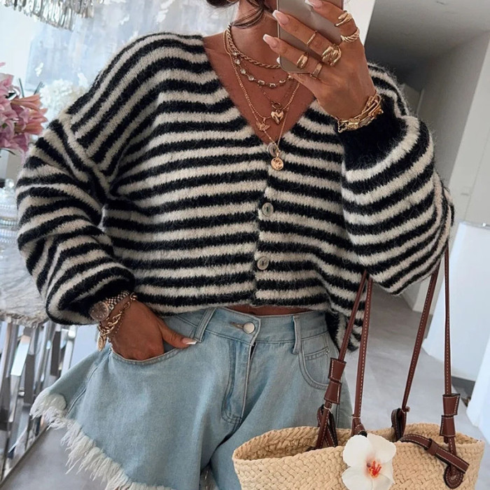 Color Blocking Striped Autumn Winter Cardigan Sexy Women's V-neck Long Sleeved Loose Sweater Elegant Holiday Warm Knitted Coat