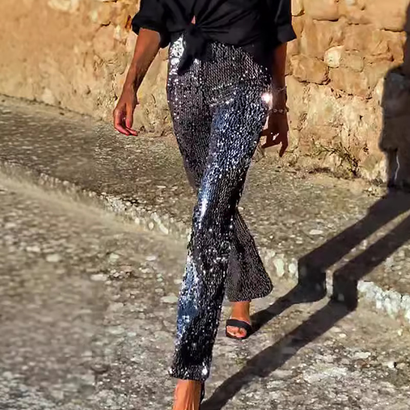 Women's Clothing Shiny Sequins Club Party Pants Fashion High Street Elastic Waisted Flared Pants Elegant Slim Straight Trousers