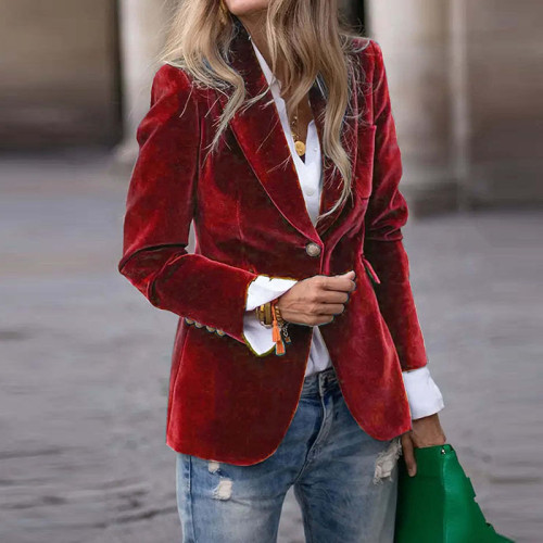 Autumn Gold Velvet Blazer Coat Female Casual Lapel Long Sleeved Office Jacket Vintage Solid Color Single Button Outerwear