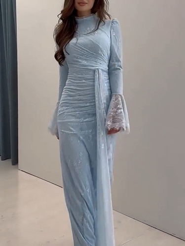 Lace Embroidery Slim Fit Women Banquet Dress Flared Sleeves High Waist Autumn Long Dress Elegant Patchwork Pleated A-line Dress