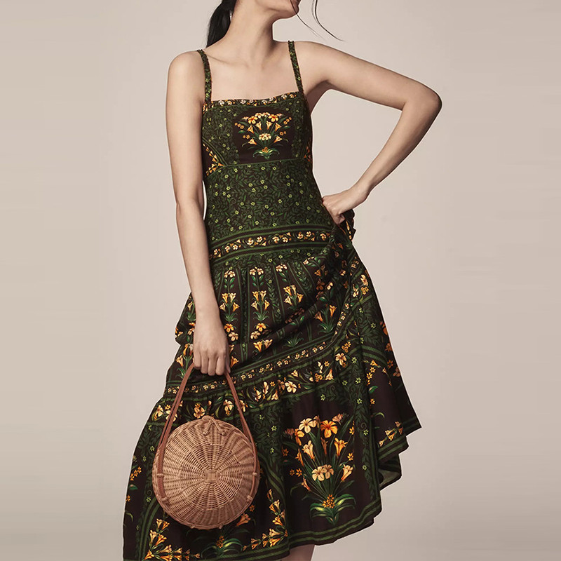 Summer Sexy Printed Strap Bohemian Dress Women Fashion Off Shoulder High Waist Long Dress Holiday Sleeveless Pleated Beach Dress