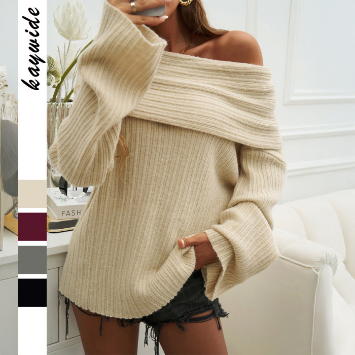 Elegant Temperament Solid Color Long-sleeved Sweater Tops Women's Clothing Autumn and Winter One-shoulder Loose Sweater