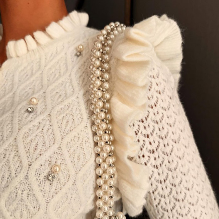 Women O Neck Ruffled Long Sleeved Knitted Cardigan New Autumn Single Breasted Solid Color Sweater Pearl Design Slim Sweater