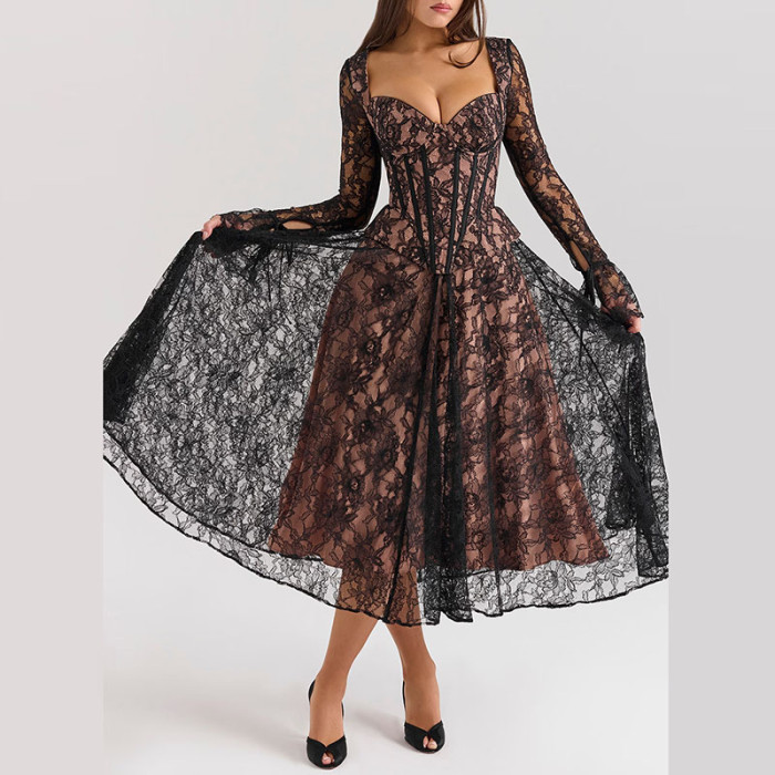 Sexy Perspective Lace Autumn Dress Women's Fashion Chest Wrap High Waist Prom Dress Elegant Long Sleeve Pleated Slim Party Dress