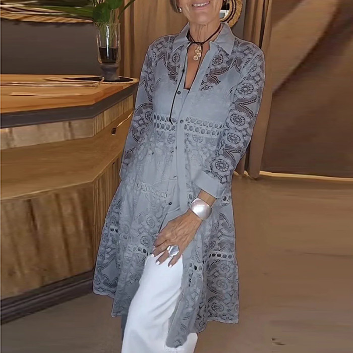 Lady Elegant Lapel Long Sleeved Loose Blouses Fashion Lace Embroidery Single Breasted Shirt Sexy Spring Summer Hollow Beach Top